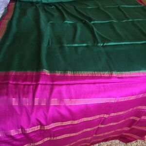 Beautiful NEW Emerald Green and Hot Pink Pure Mysore Silk Saree with Pink Blouse